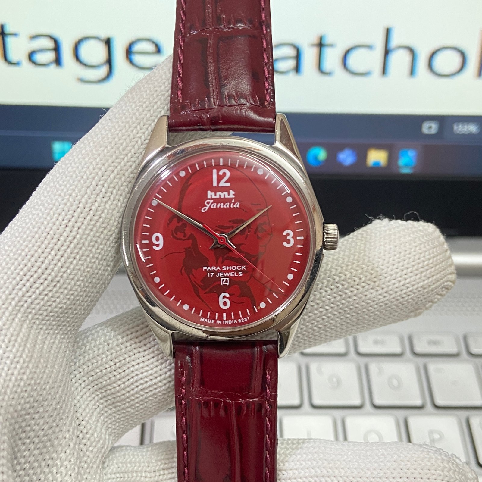 Vintage HMT Janata Gandhi Hand Winding 17 Jewels Red  Face Red Band Men's Wrist Watch B34