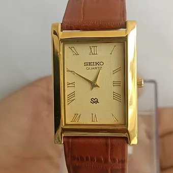 Seiko Slim Rectangular Quartz Golden Face Brown Band Men's Wrist watch C45