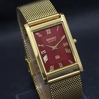 Seiko Slim Rectangular Quartz Red Face Mesh Band Men's Wrist Watch C60