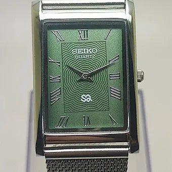 Seiko Slim Rectangular Quartz Green Face Mesh Band Men's Wrist Watch C68