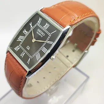 Seiko Slim Barrel Quartz Black Face Brown Band Men's Wrist Watch C86