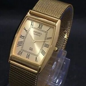 Seiko Slim Barrel Quartz Golden Face Mesh Band Men's Wrist Watch C93