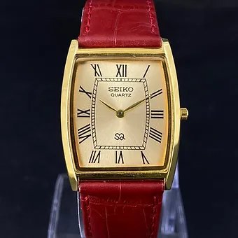 Seiko Slim Barrel Quartz Golden Face Red Band Men's Wrist Watch C94